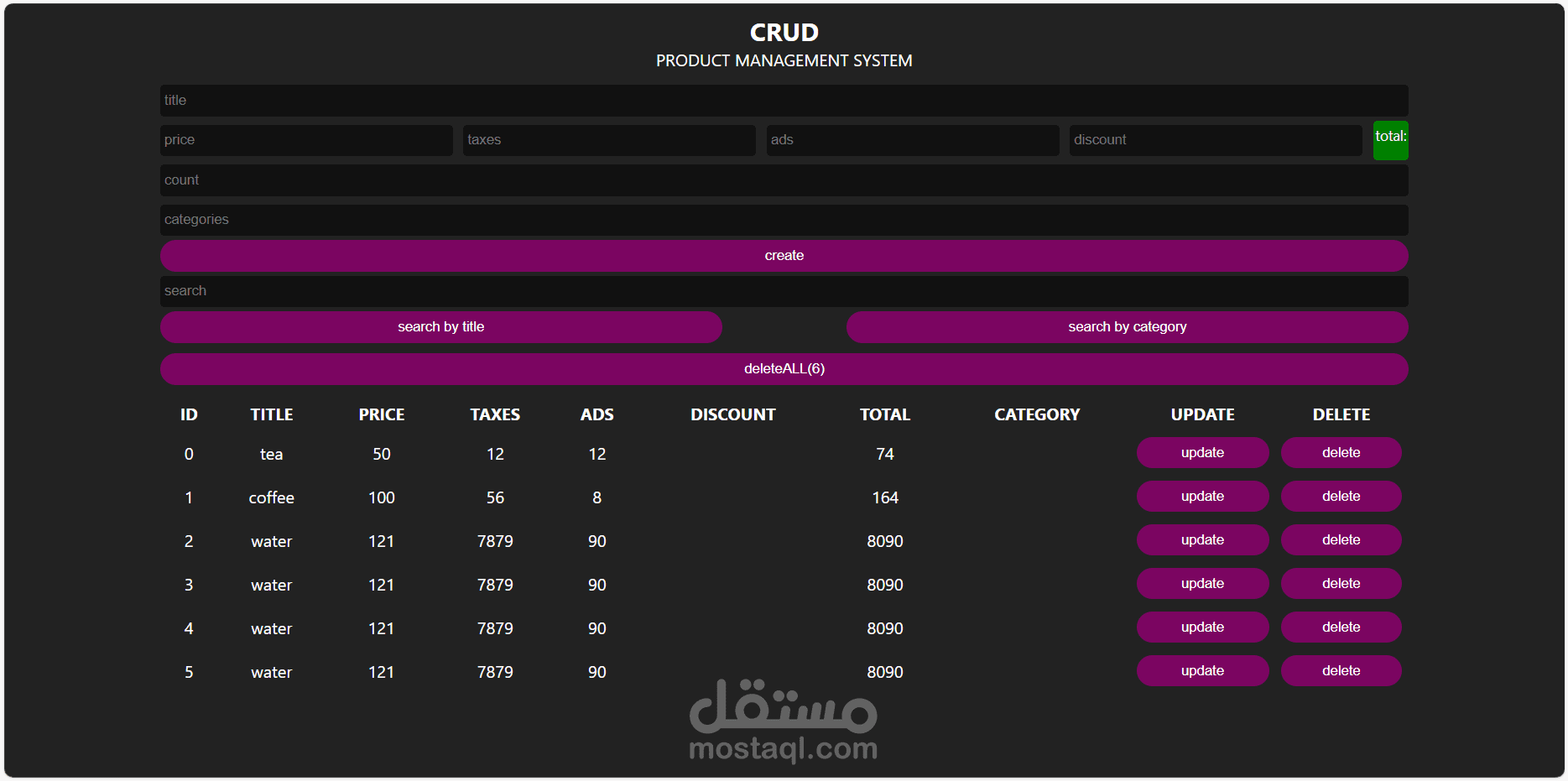 قمت بتصميم  موقع للتعامل مع المنتجات(CRUD Product Management System)