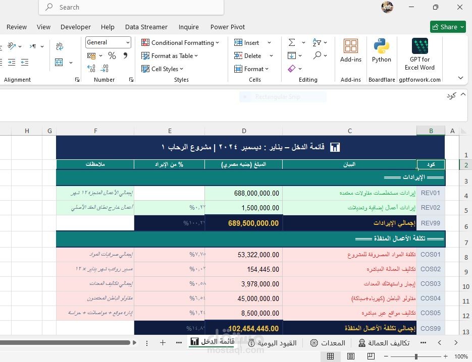 قائمة دخل لمشروع وعمليه الرحاب 1