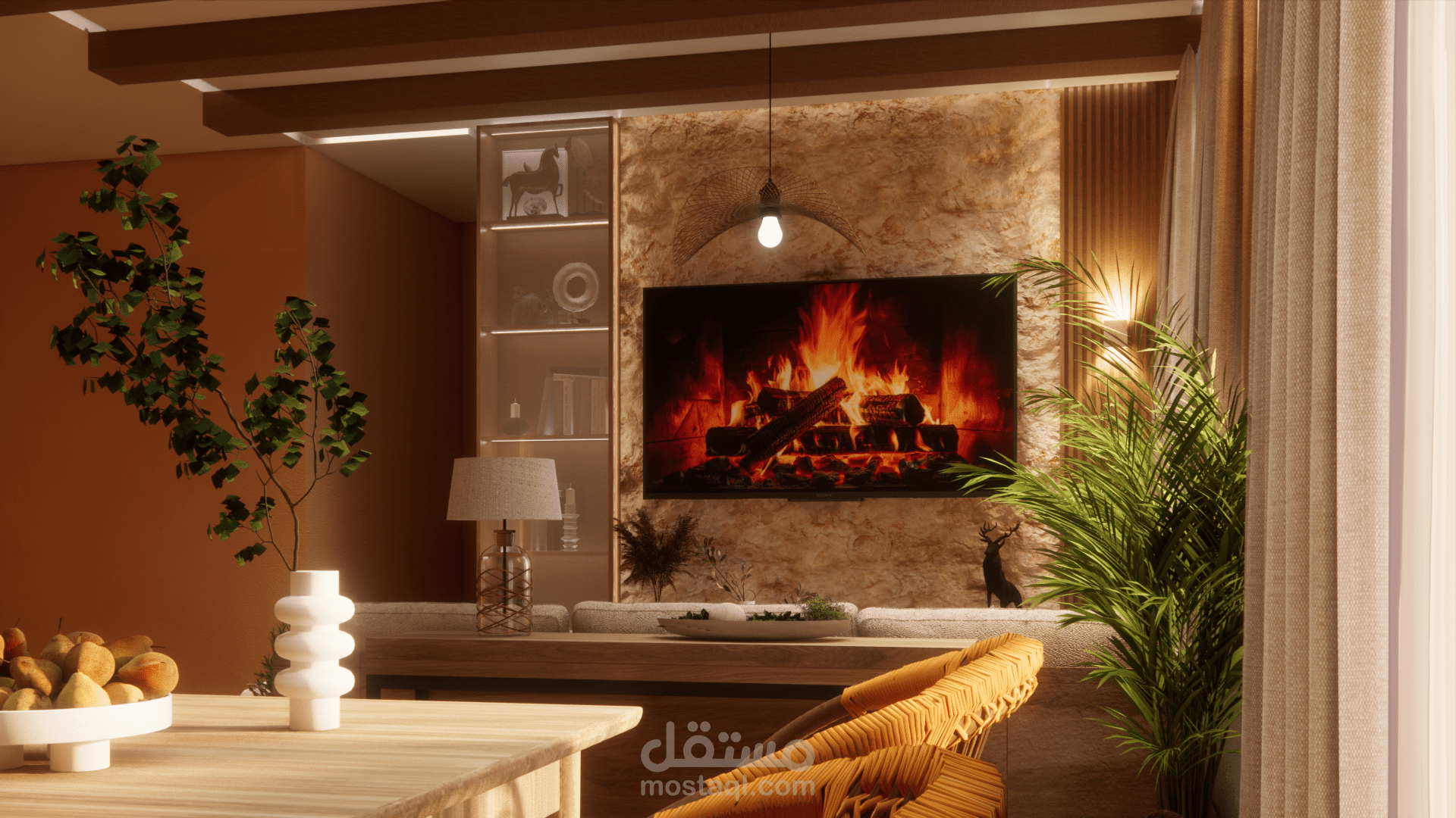 تصميم داخلي لغرفة معيشة وطعام بأسلوب دافئ وعصري