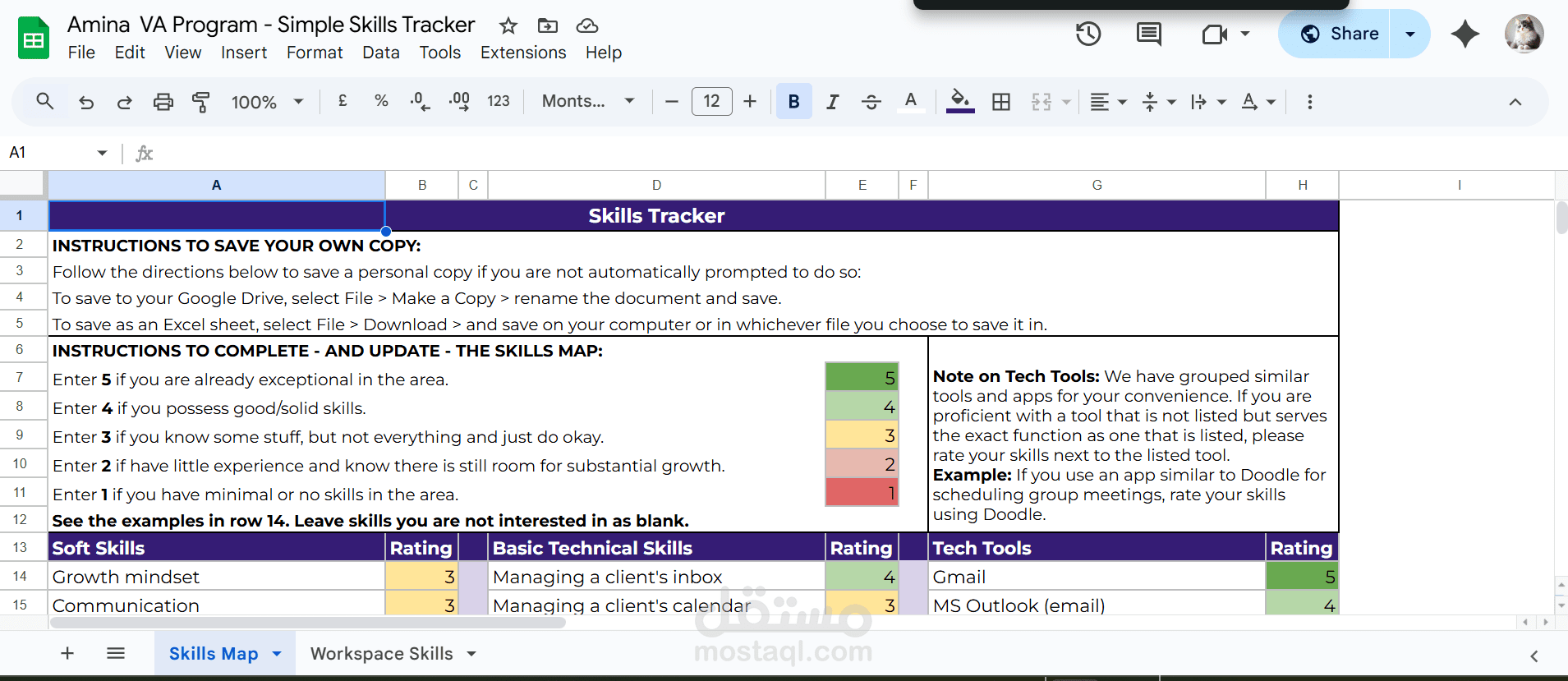 لوحة تتبع مهارات المساعد الافتراضي على Google sheet