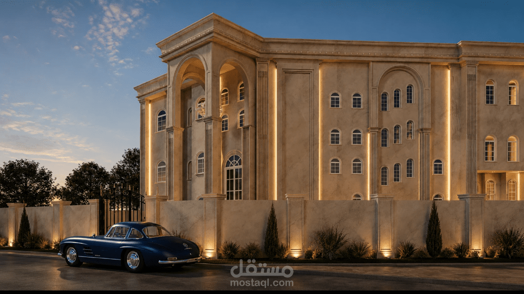 تصميم معماري ثلاثي الأبعاد لفيلا فاخرة بالطراز الكلاسيكي الحديث | مخططات تنفيذية ومناظير واقعية