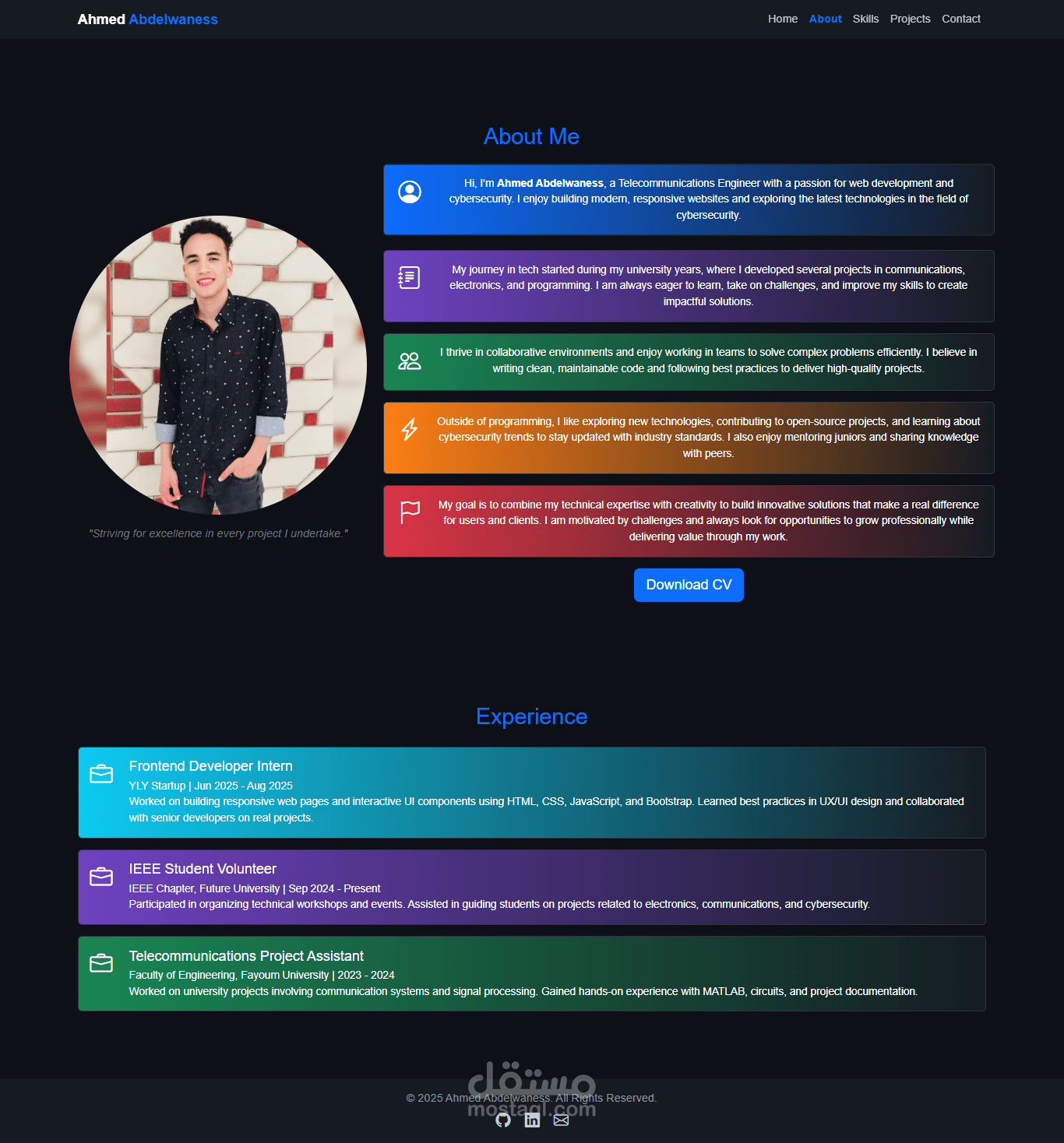 تصميم موقع برتفوليو شخصي احترافي باستخدام HTML, CSS, JavaScript, وReact ...