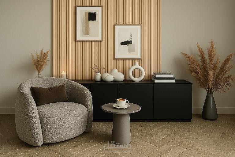 ركن معيشة عصري بألوان حيادية ولمسات طبيعية