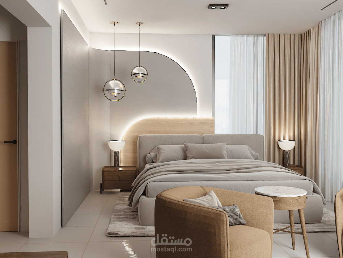 تصميم داخلي لغرفة نوم رئيسية +غرفة ملابس و حمام