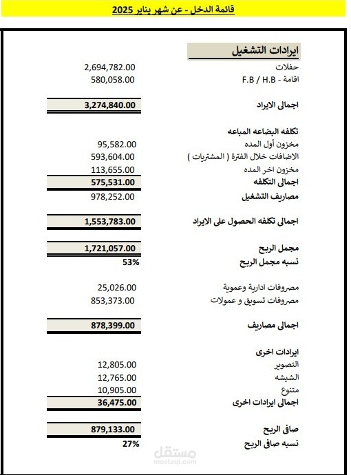 قائمة الدخل عن شهر يناير 2025