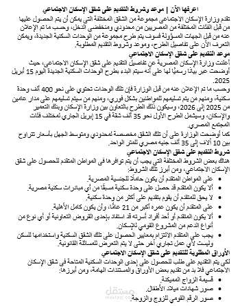 تفاصيل الحصول على إحدى المبادرات المصرية المقدمة من وزارة الإسكان