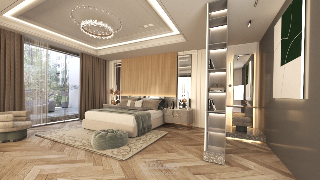 تصميم داخلي أنيق لمساحة معيشة وغرفة نوم متكاملة