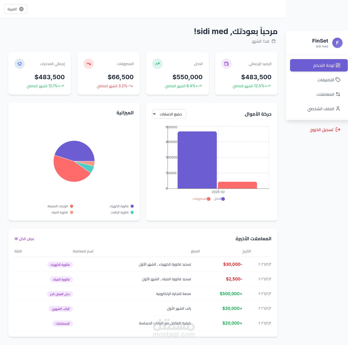 تطبيق ويب متكامل لإدارة المصروفات والدخل - Full Stack (React + Node.js)