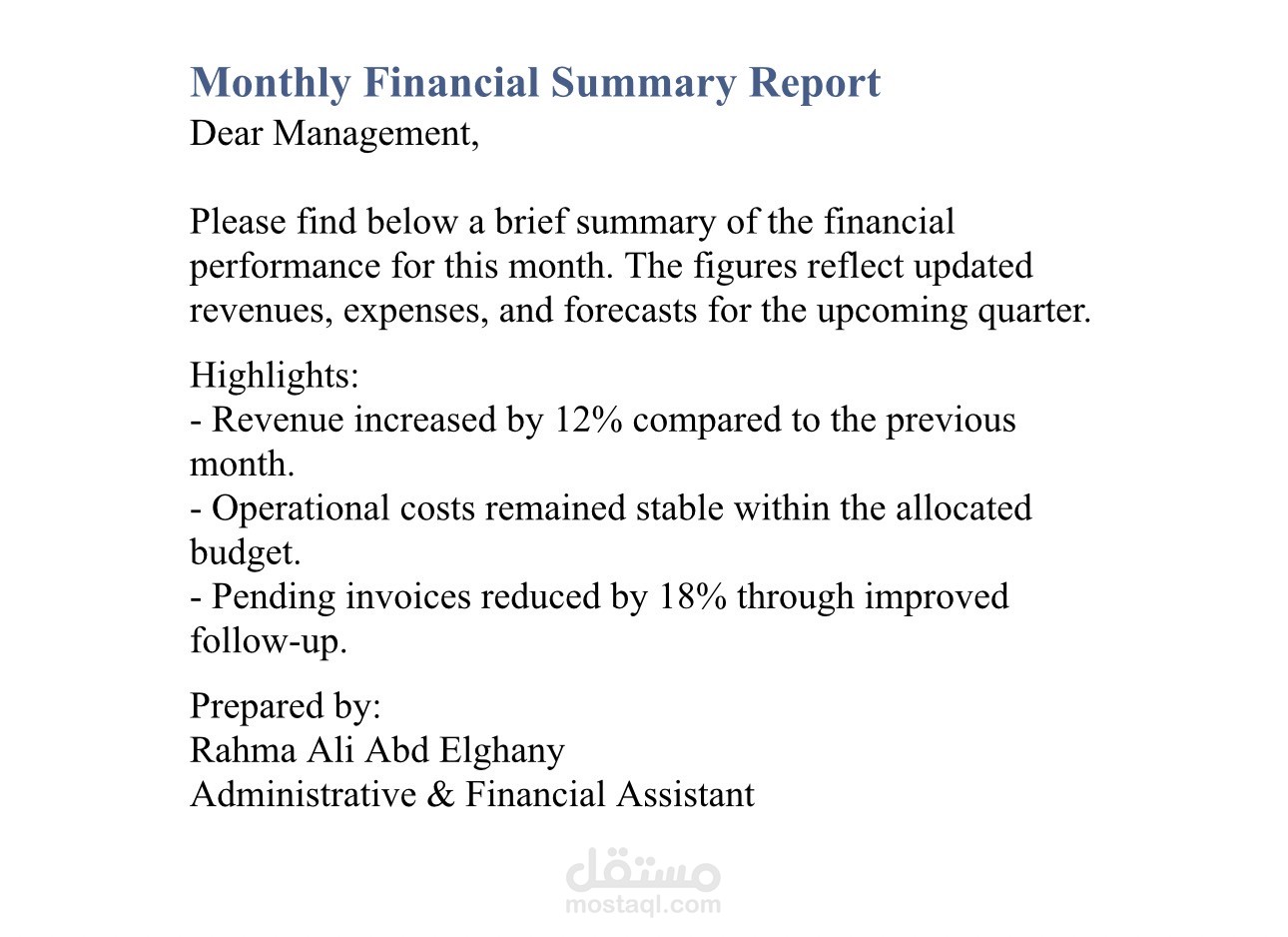 تقرير مالي شهري مختصر وتحليل الأدا