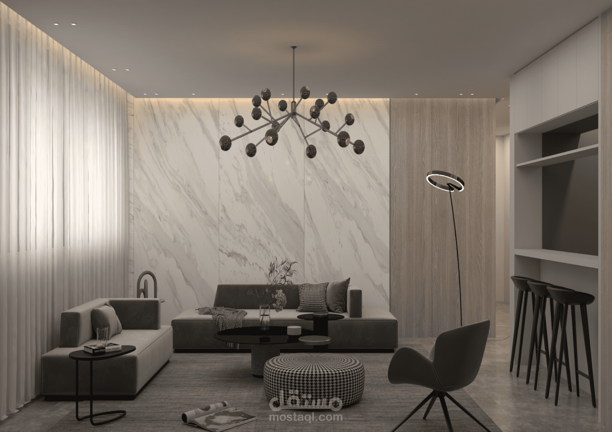 تصميم صالة معيشة مفتوحة على المطبخ