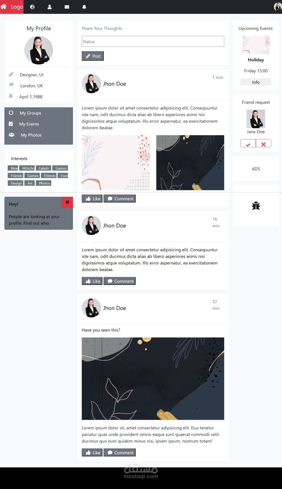 تصميم صفحة ملف شخصي اجتماعي باستخدام HTML وBootstrap