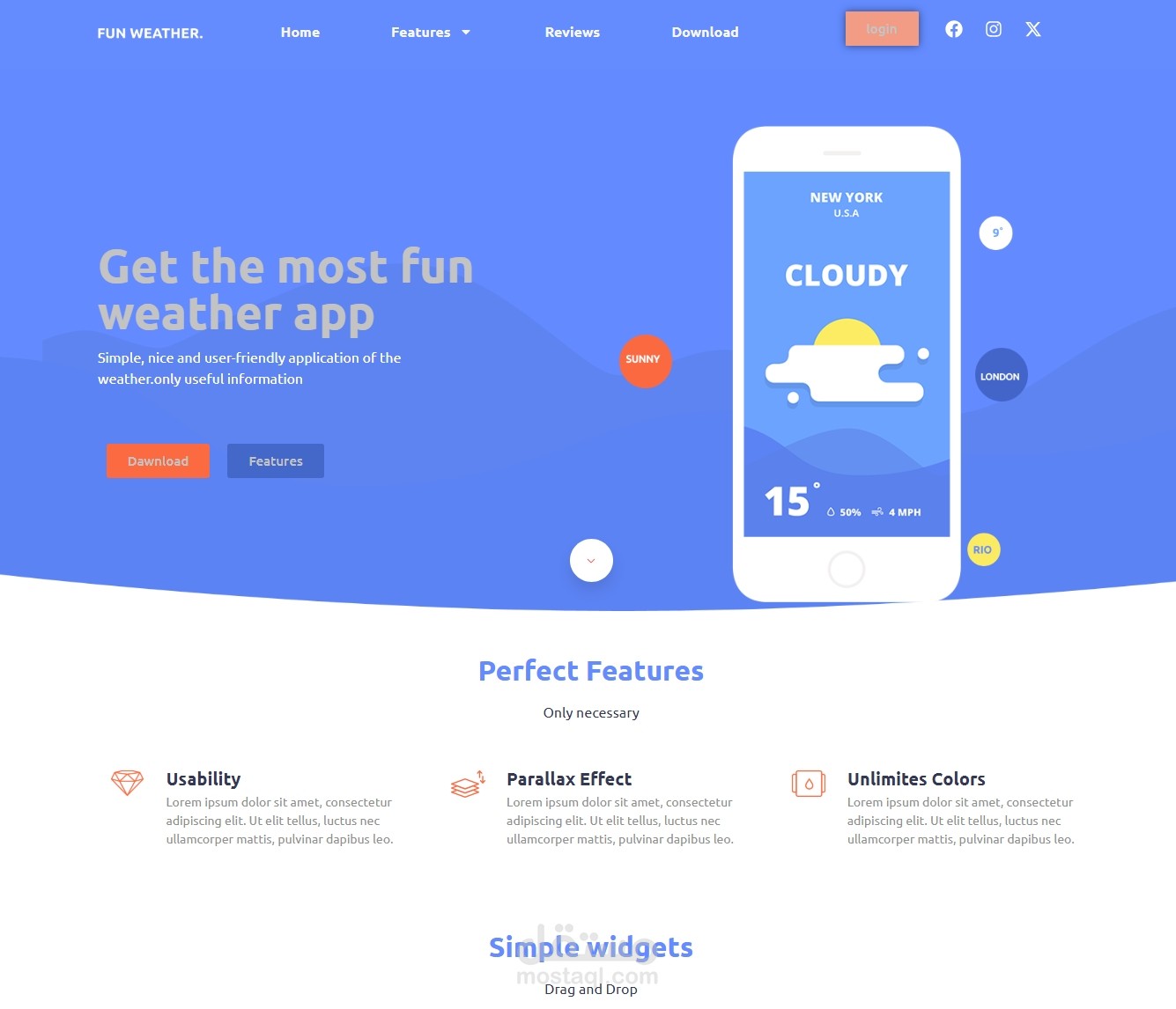 تصميم لواجهة موقع ويب خاص بتطبيق طقس تفاعلي اسمه *Fun Weather، واللي تم تطويره باستخدام **WordPress*