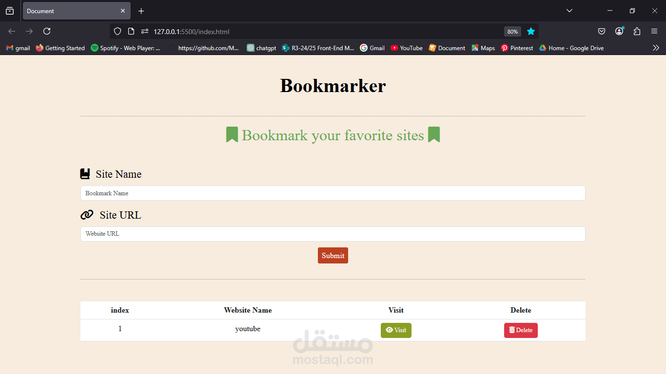 صفحة إدارة المفضلات (Bookmark) – مشروع واجهة تفاعلية لإدارة الروابط