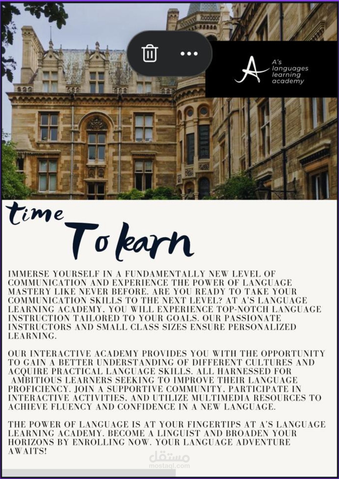An advertisement for a language learning academy