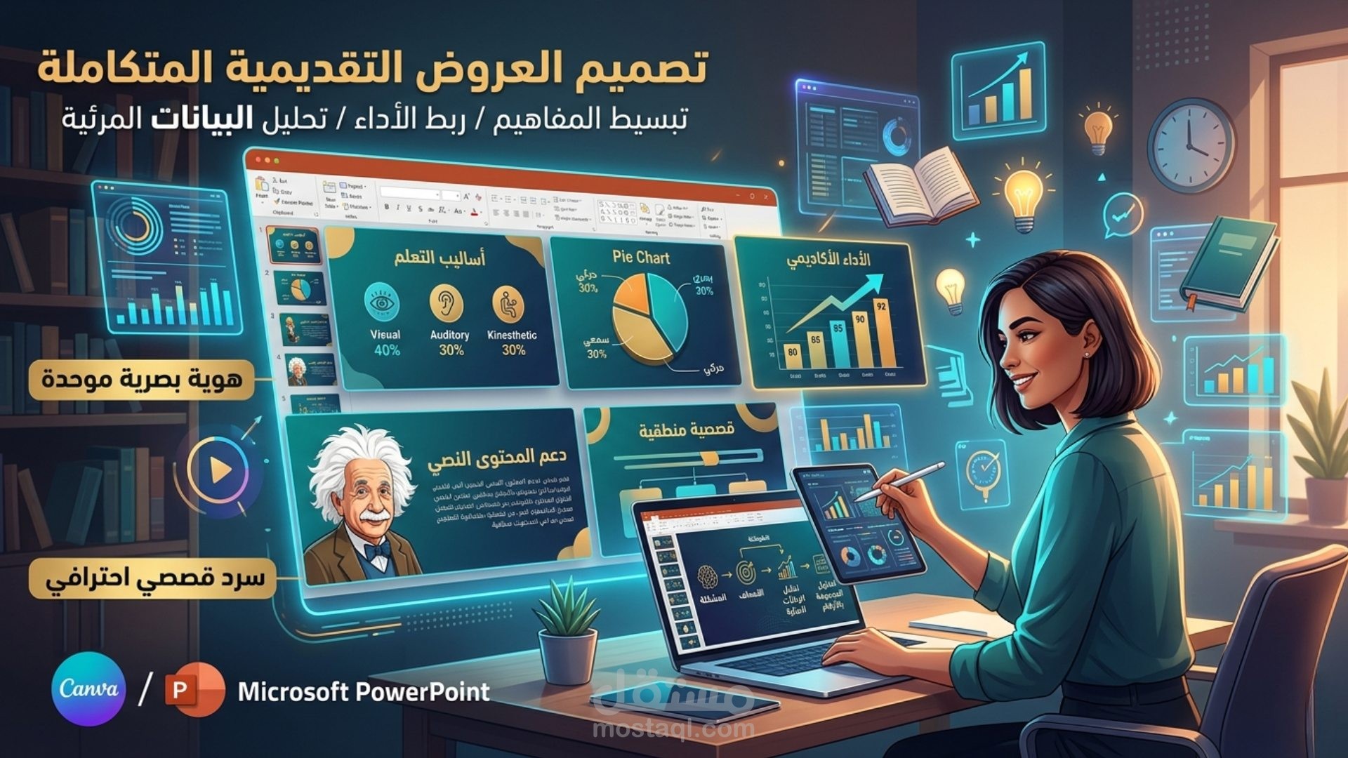 تصميم عروض تقديمية احترافية (PowerPoint & Canva) وسرد البيانات مرئياً