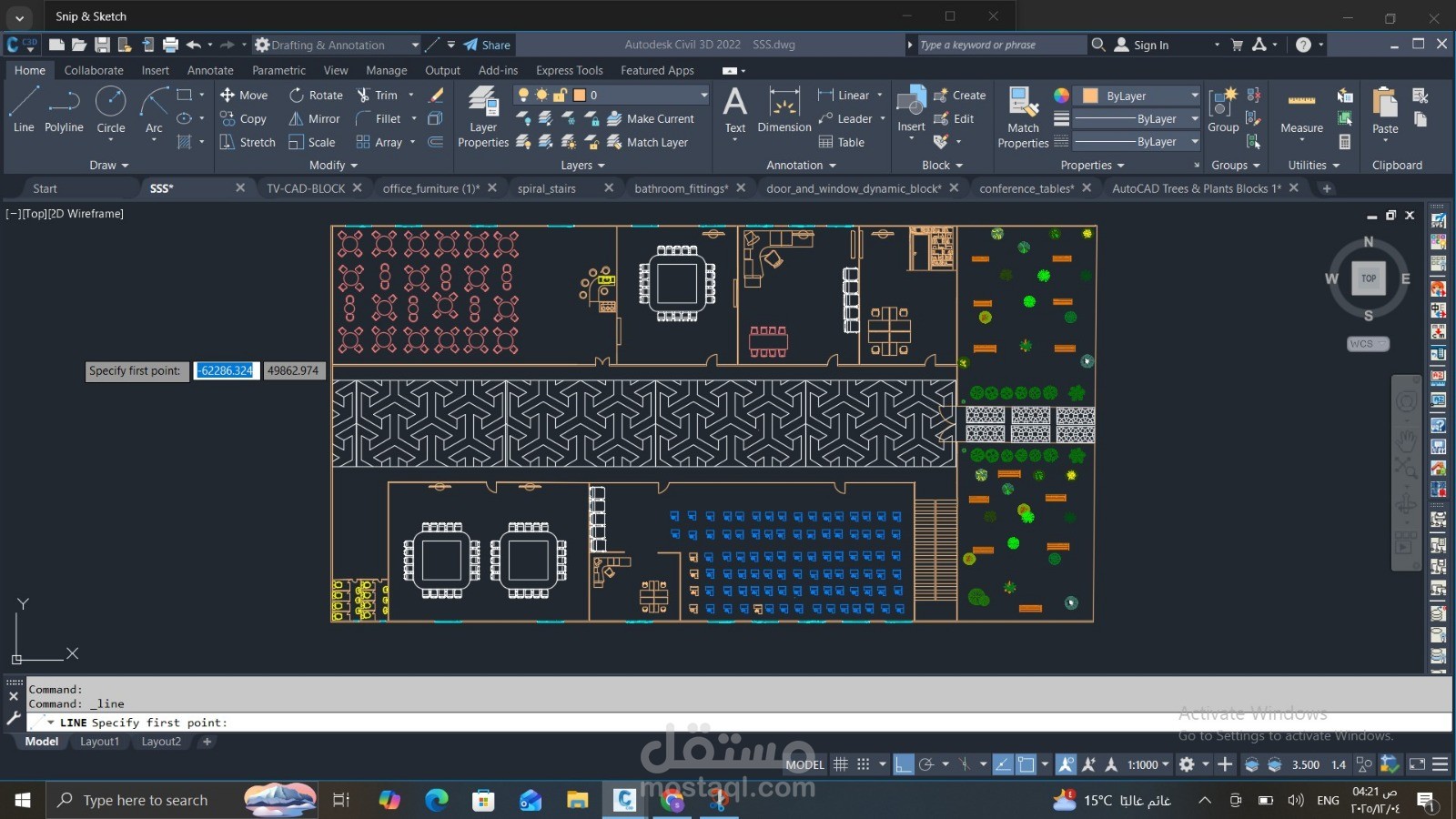تصميم داخلي لمكتبه بستخدم برنامج AutoCAD