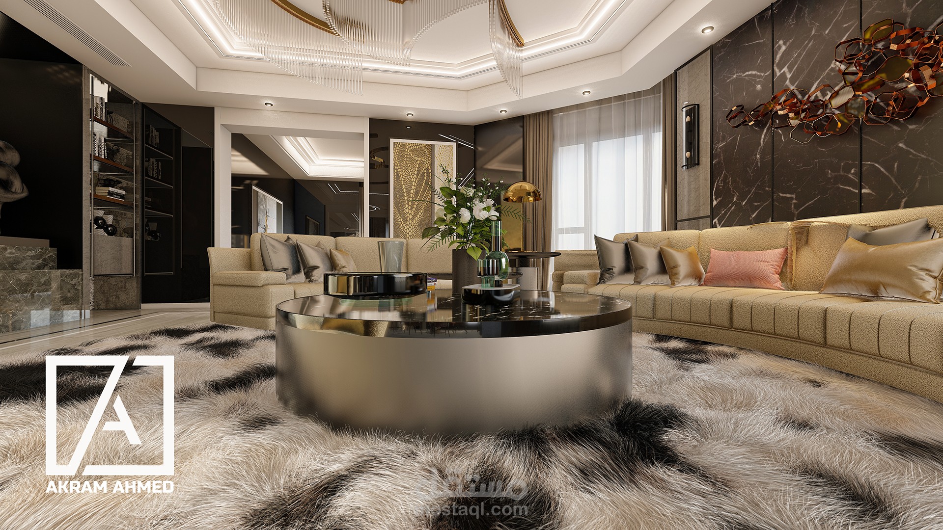 تصميم داخلي لصالة معيشة تشمل مكان الجلوس وغرفة الطعام