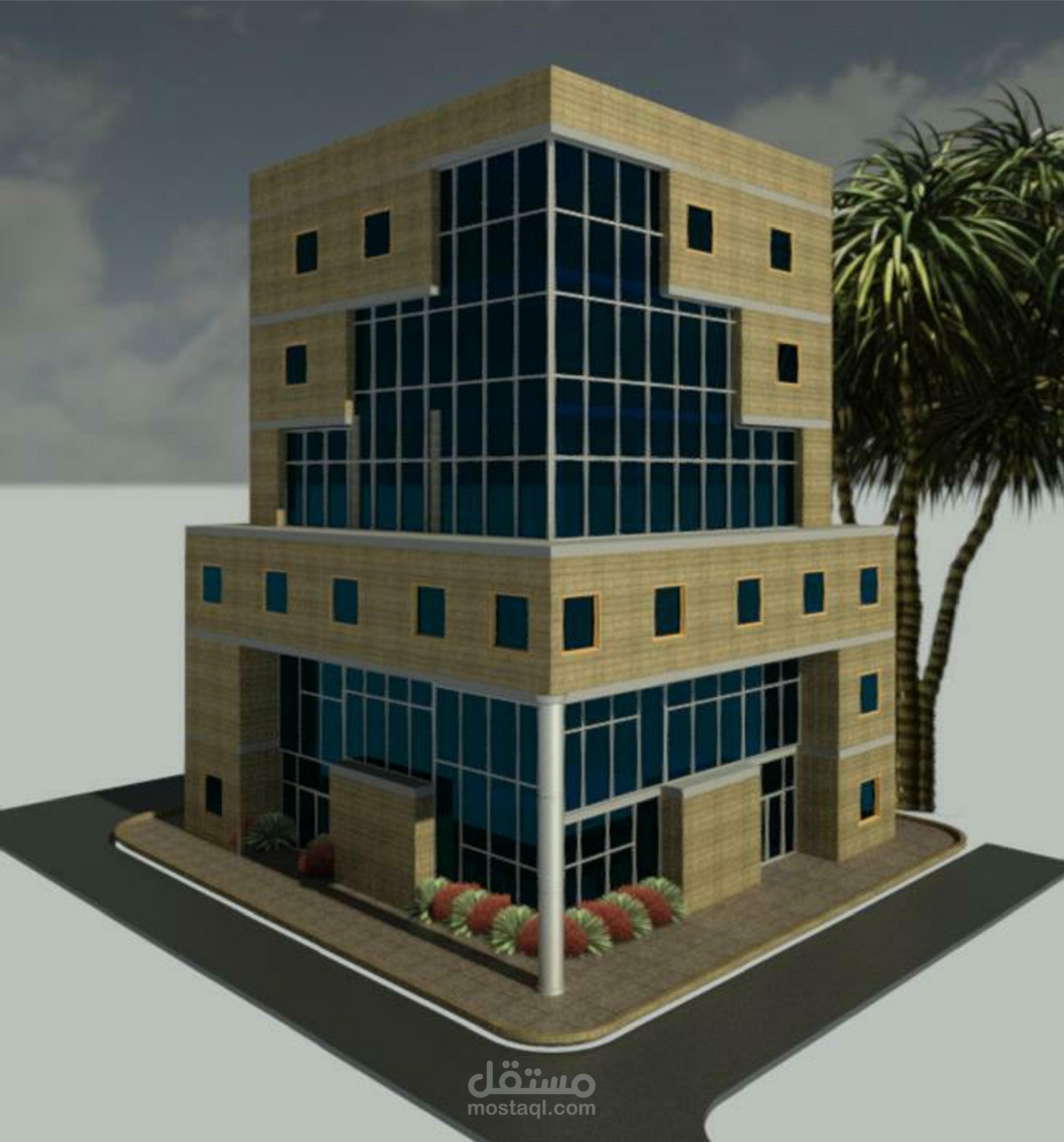 تصميم مبنى مكاتب بطراز قديم مستحدث على برنامج الRevit مع ريندر