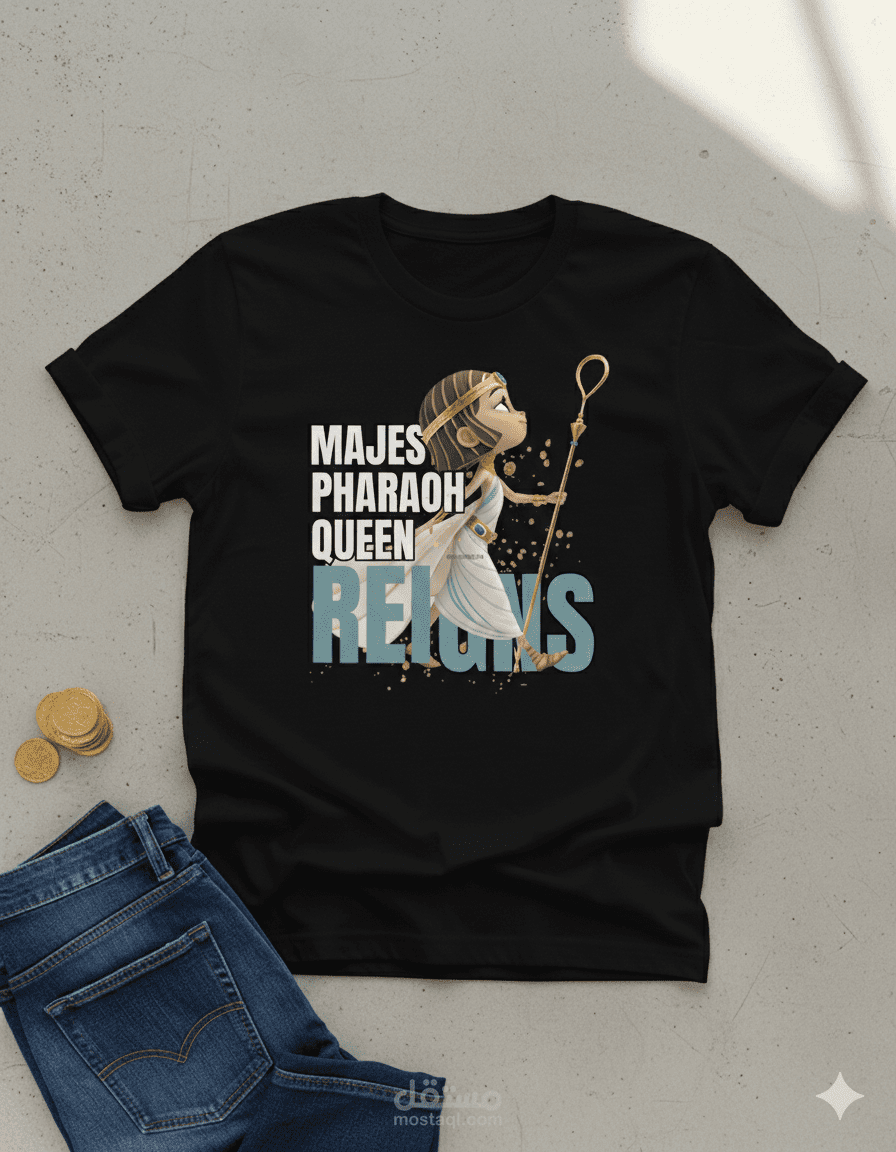 تصميم تيشرت "الملكة الفرعونية" بأسلوب كرتوني عصري