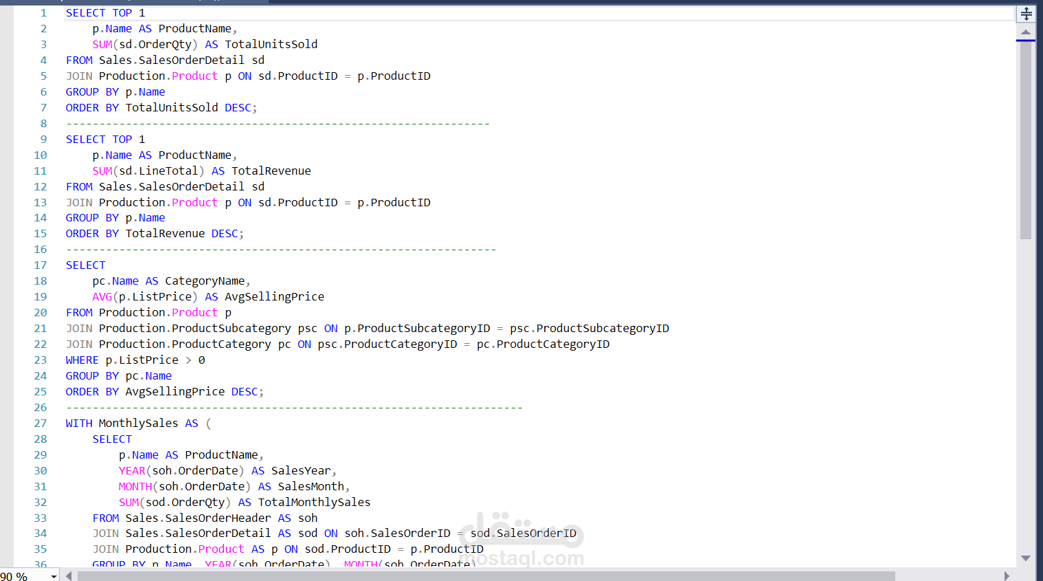 تحليل المبيعات والمنتجات باستخدام SQL من قاعدة بيانات AdventureWorks