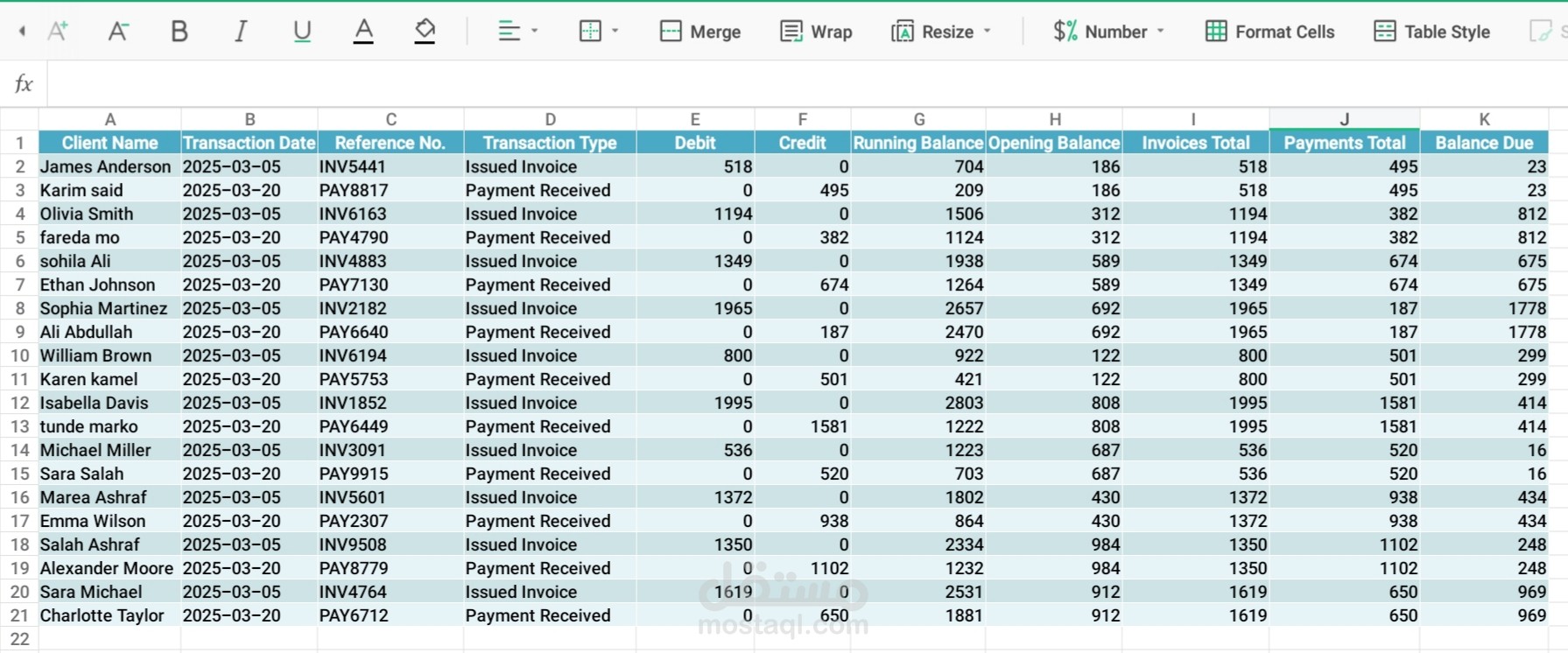 كشف حساب عملاء شامل بالفواتير والمدفوعات بصيغة Excel/Google Sheets