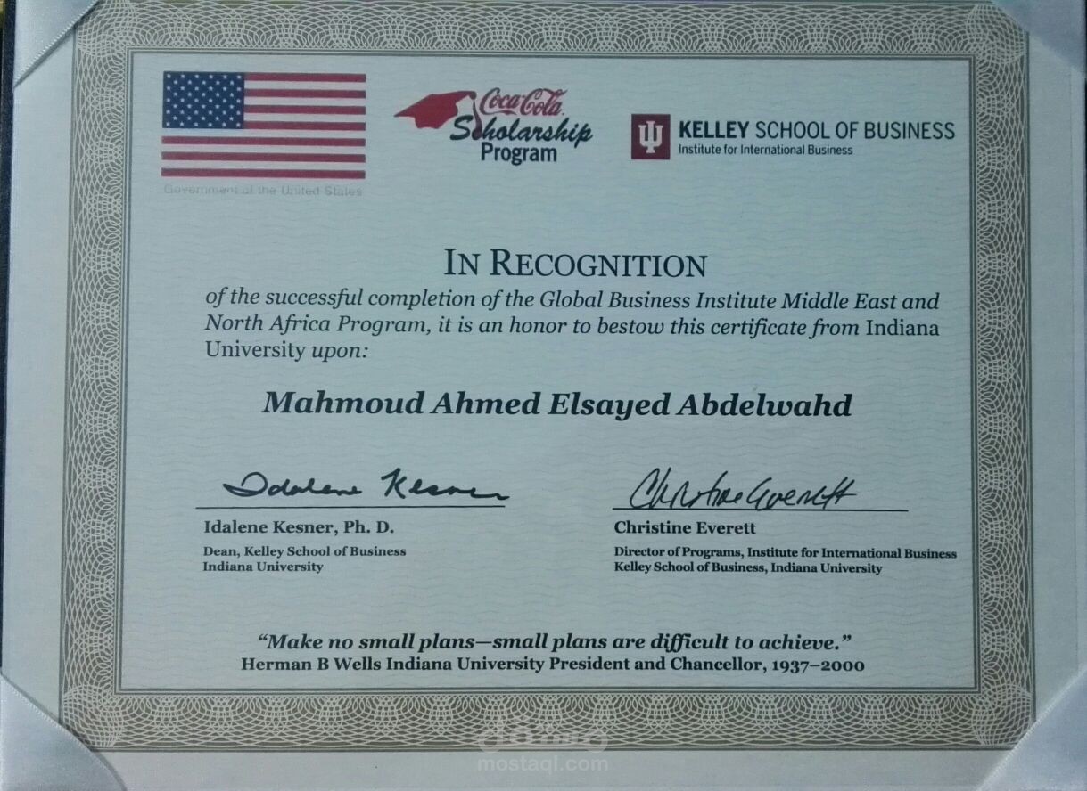 شهادة إتمام برنامج ريادة الأعمال والبيزنس في Kelley School of Business University of Indiana