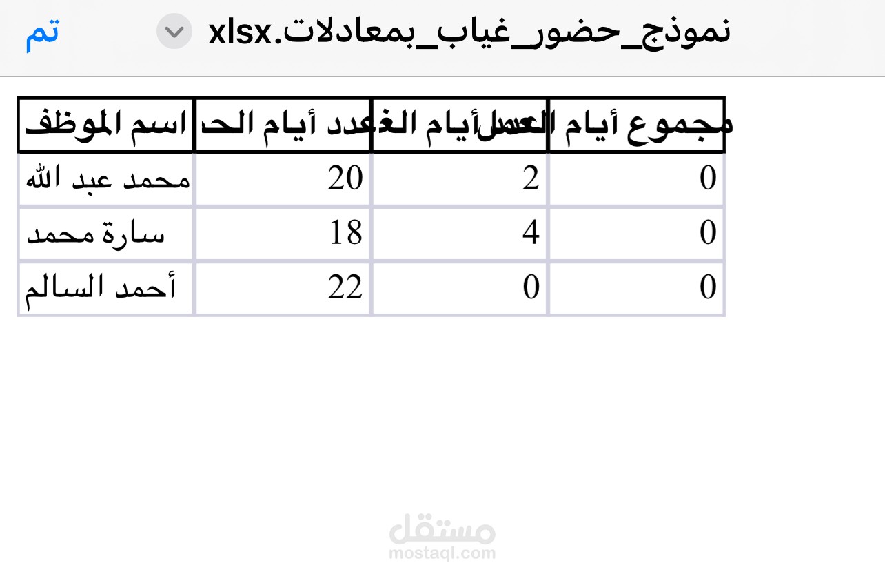 نموذج حضور وغياب الموظفين مع معادلات حسابية