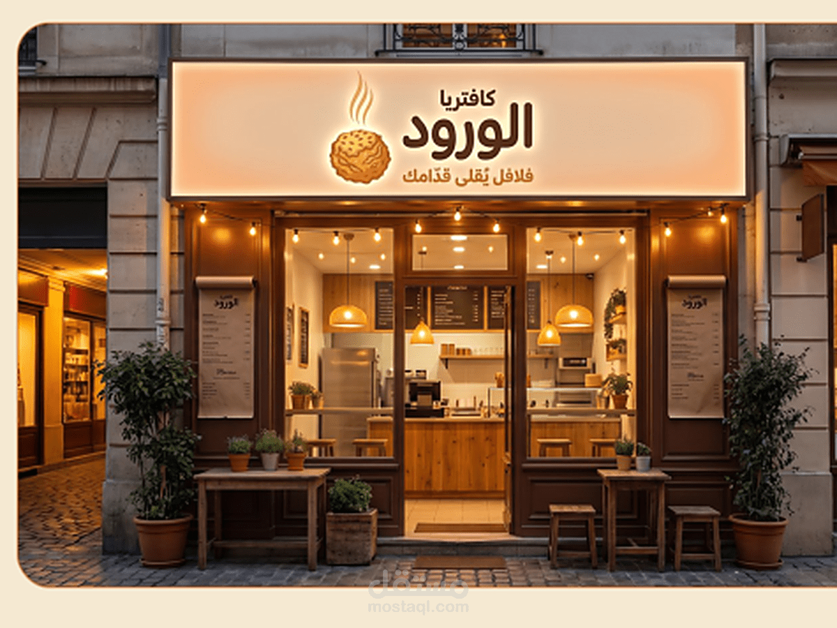 هوية بصرية وتطبيقاتها لكافتريا «الورود» — من الواجهة إلى السوشال