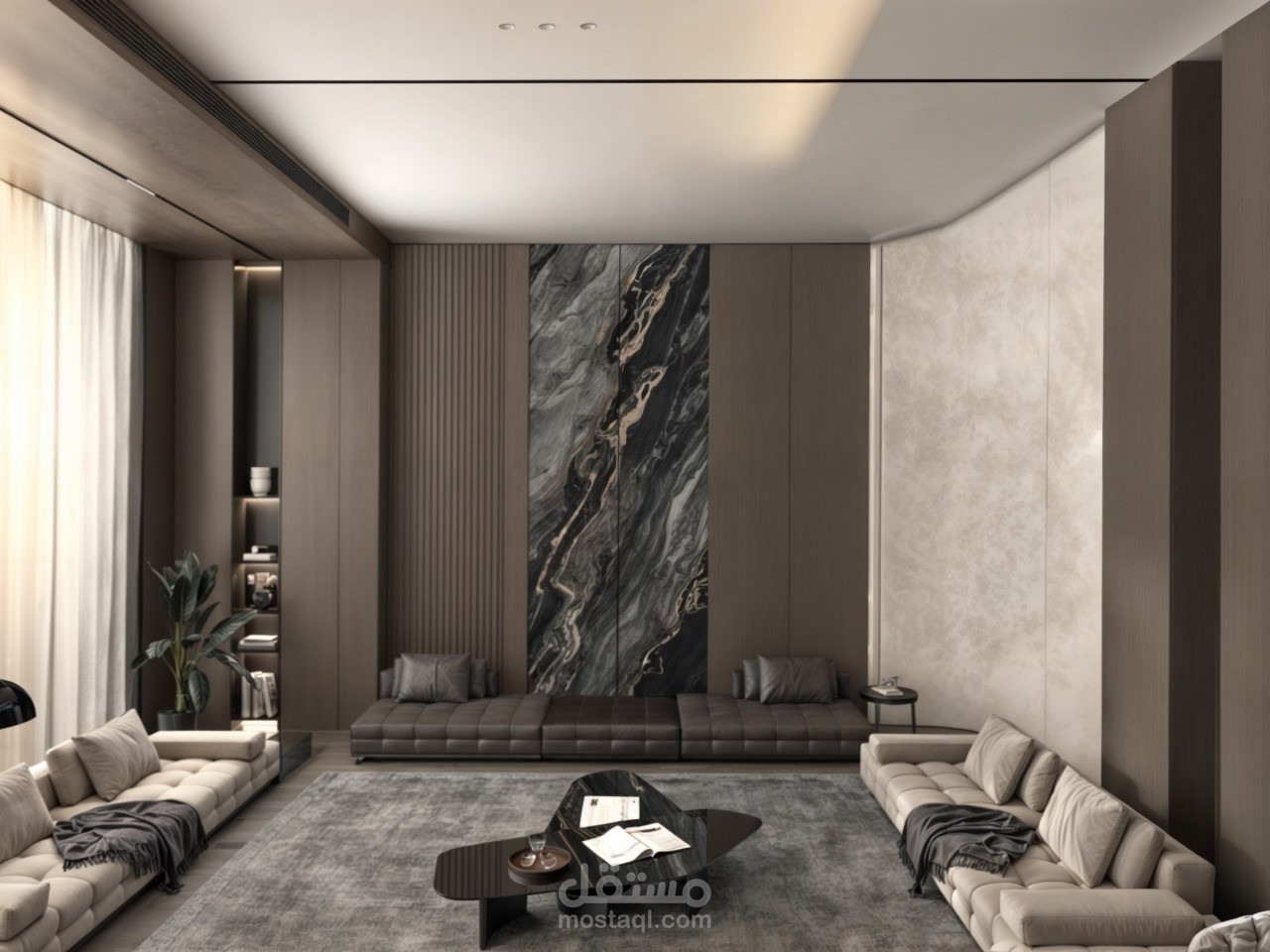 مجلس فاخر بتصميم عصري مع جدار رخامي مميز