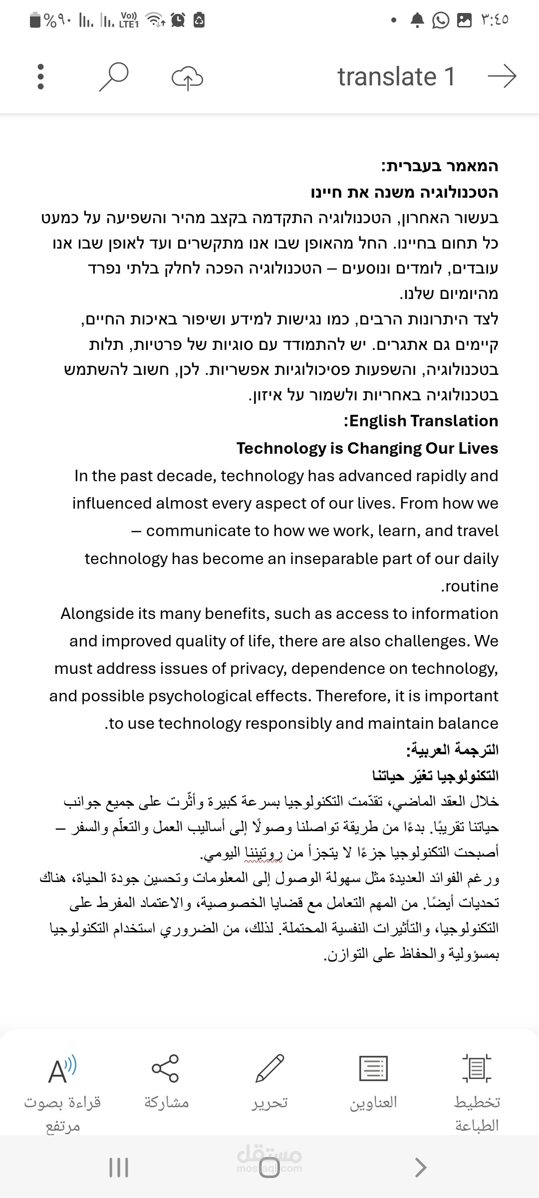 مقال عن التكنولوجيا مترجم إلى العبرية و الانجليزية