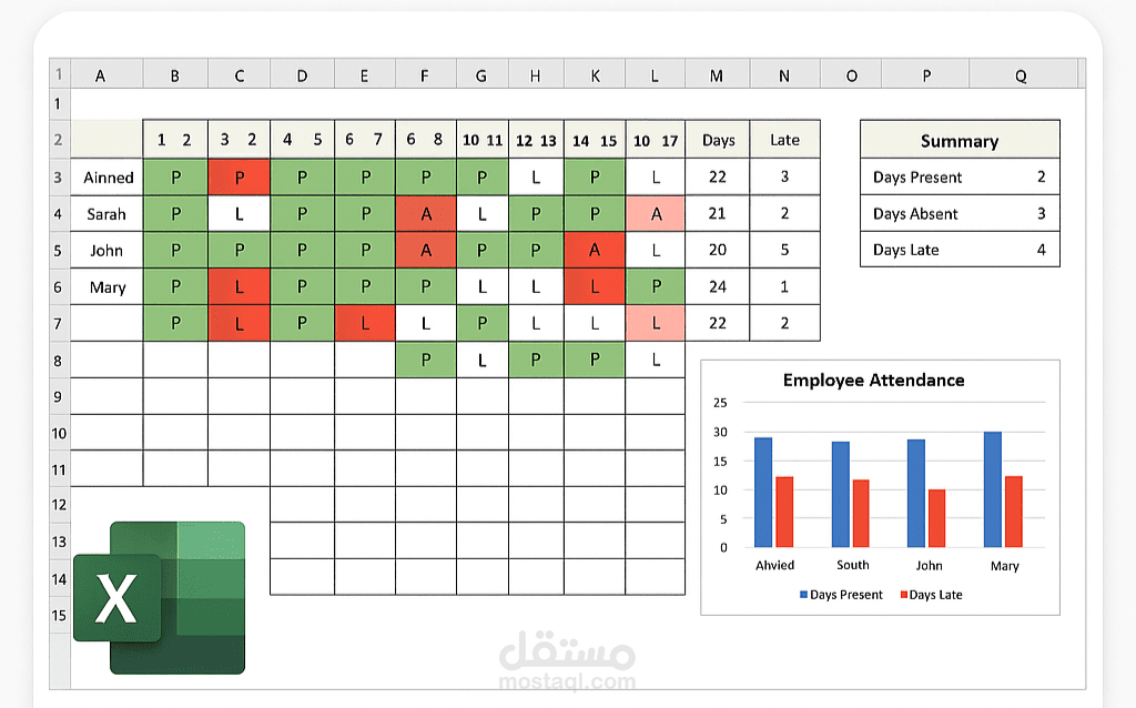 نموذج Excel احترافي لإدارة حضور الموظفين وتحليل الأداء