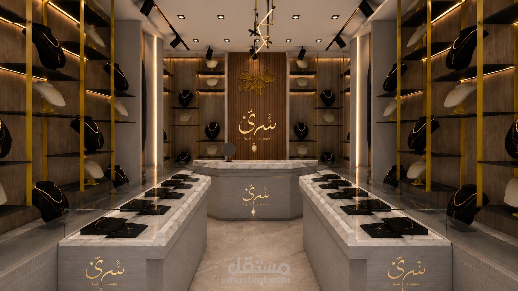 تصميم داخلي وخارجي لمعرض مجوهرات فاخر يعكس الرقي والحرفية في عرض المجوهرات الثمينة | SURA Jewellery