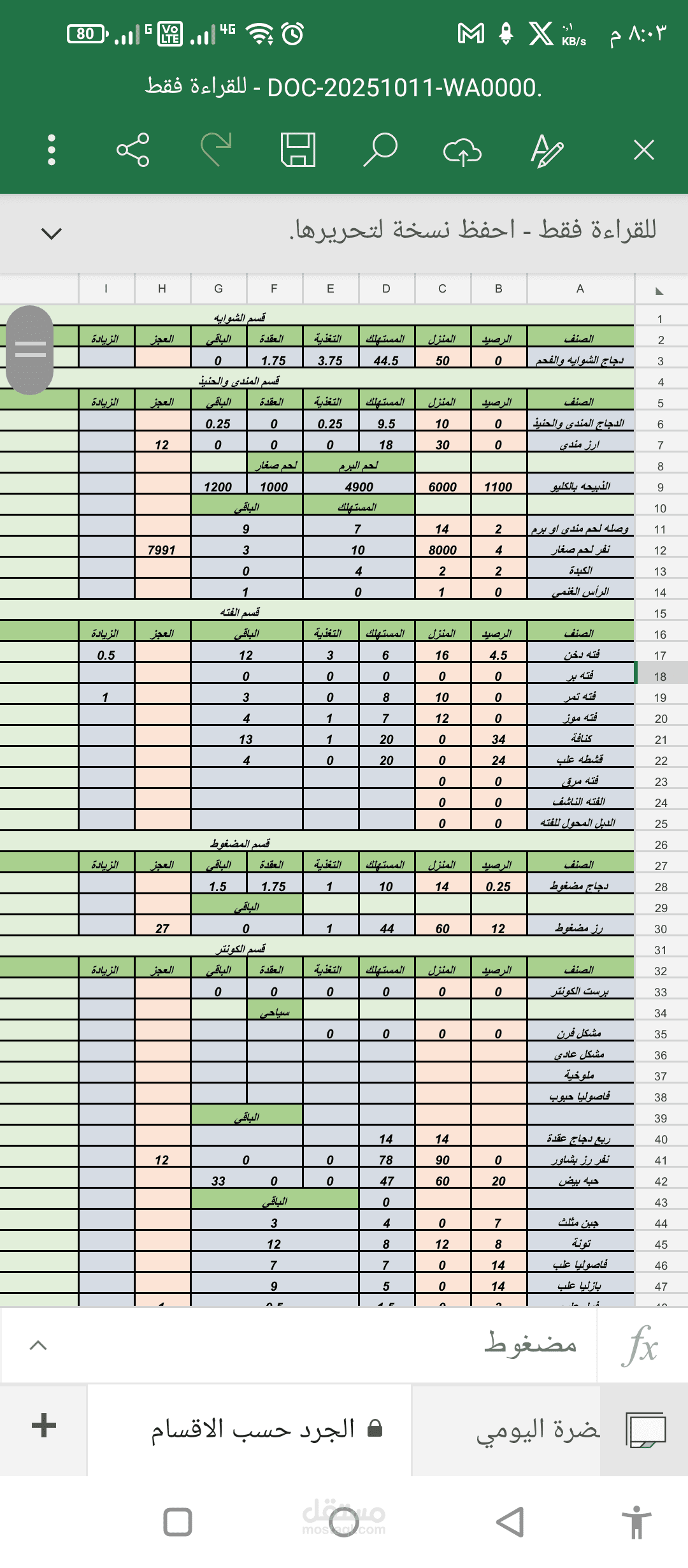 عنوان العمل: نموذج جرد متقدم متعدد الأقسام (مطاعم/مخازن).