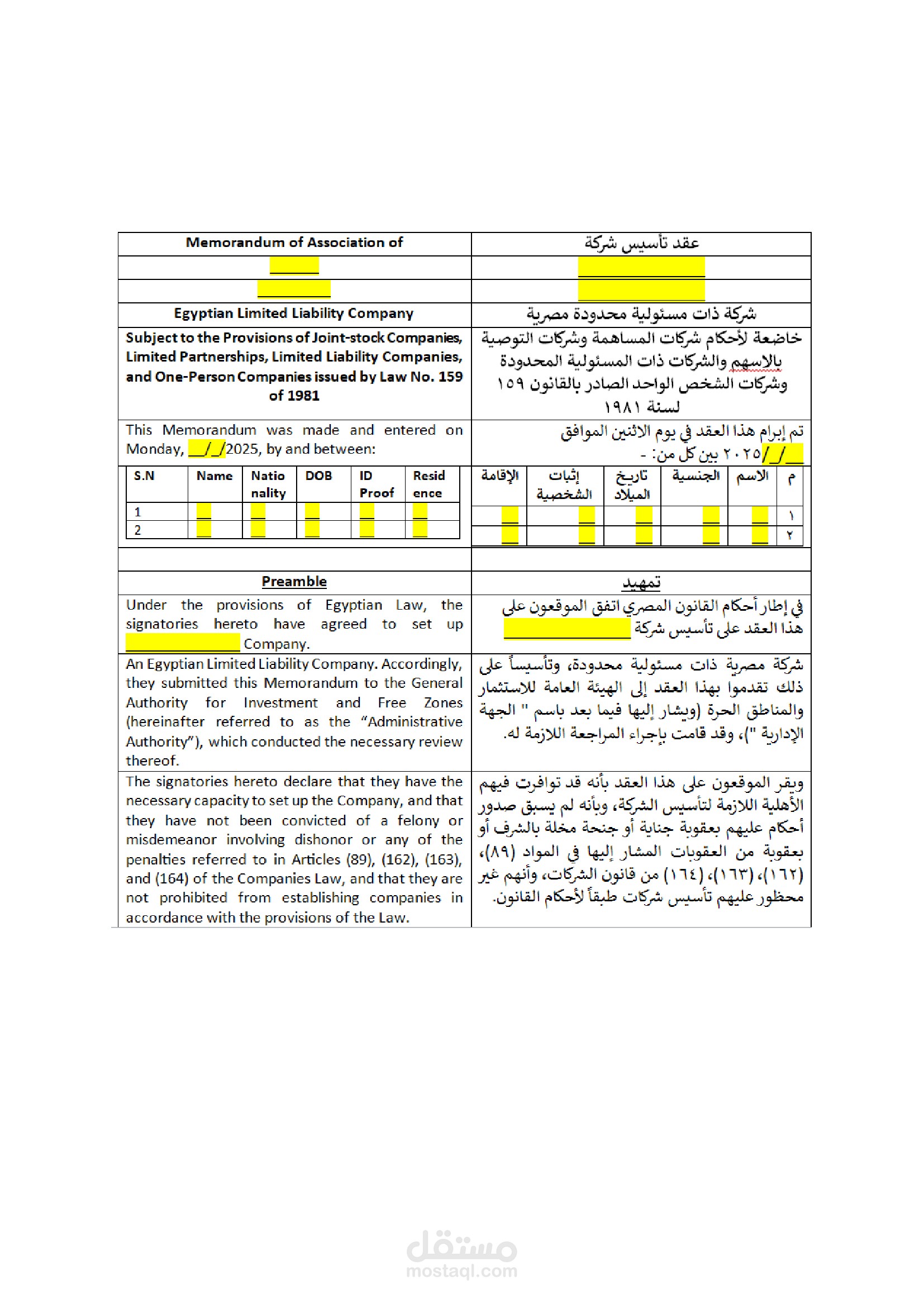 عقد تأسيس شركة ذات مسؤولية محدودة مصرية