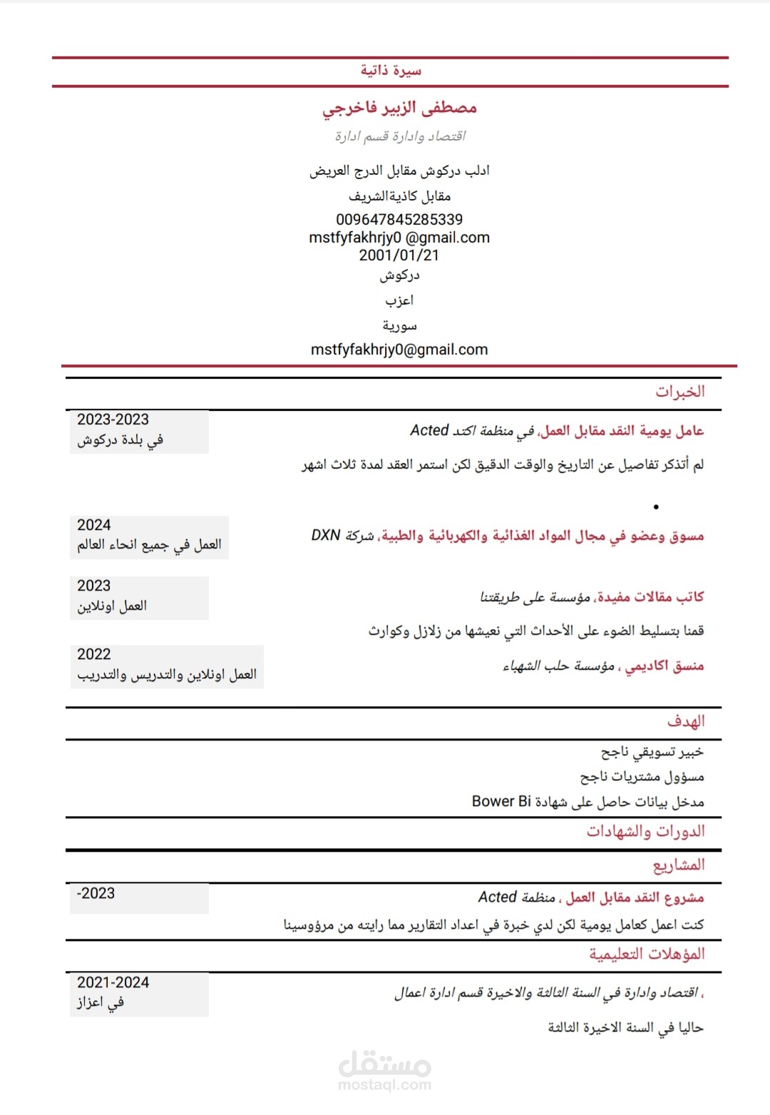 دراسة جدوى اقتصادية وتصميم سيرة ذاتية