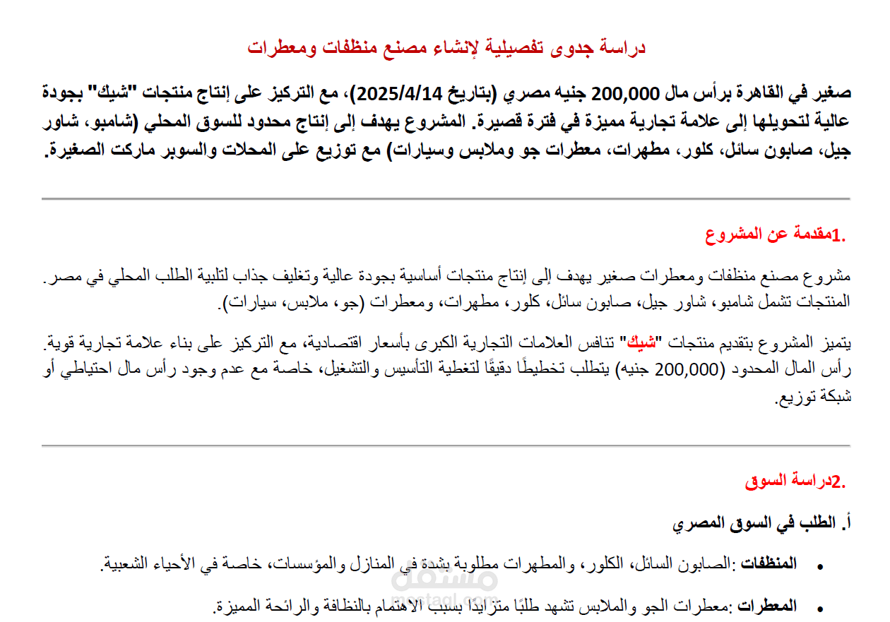 دراسة جدوى لمصنع منظفات