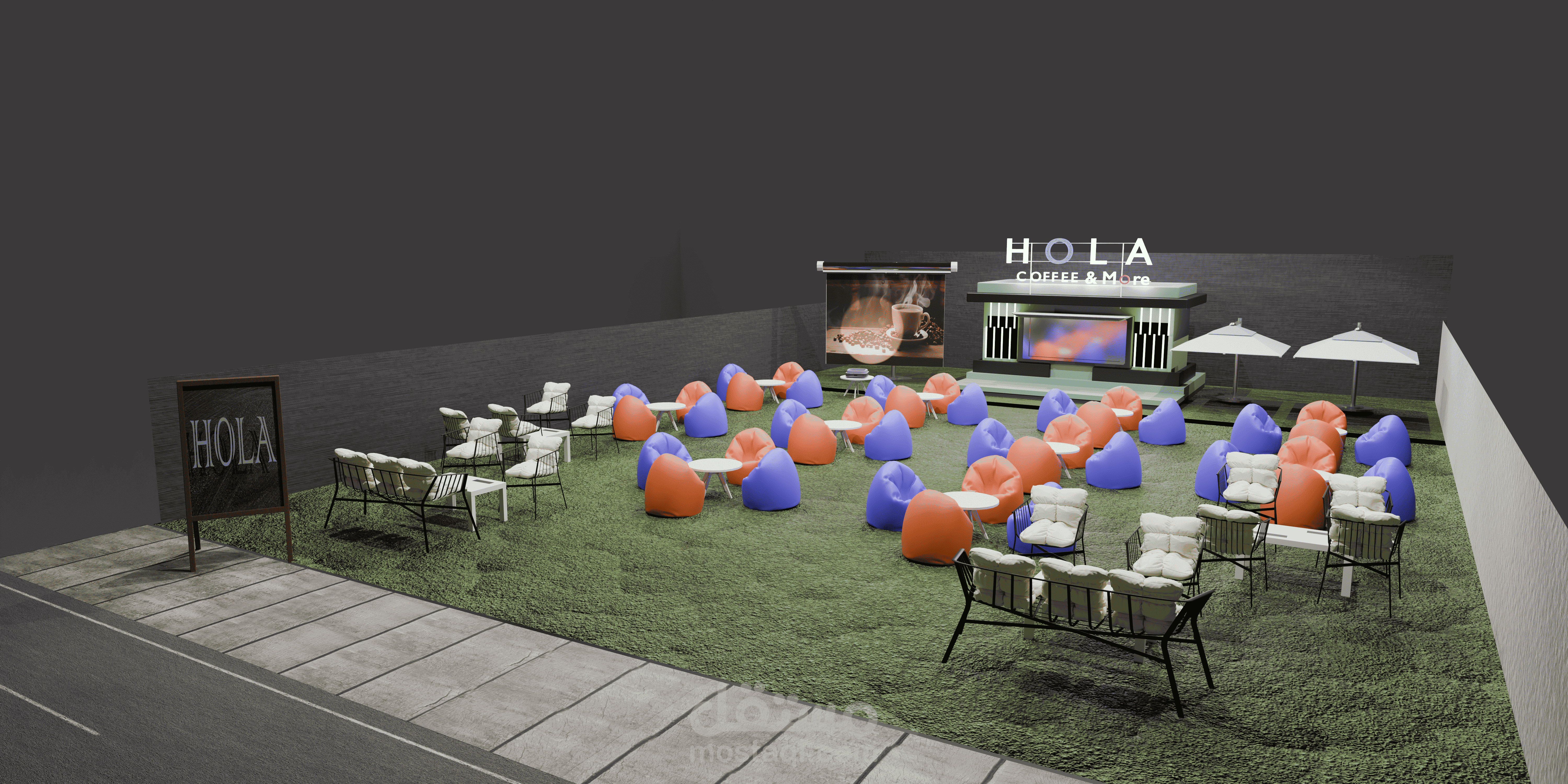 "تصميم 3D احترافي لكافيه مفتوح بتفاصيل متكاملة"