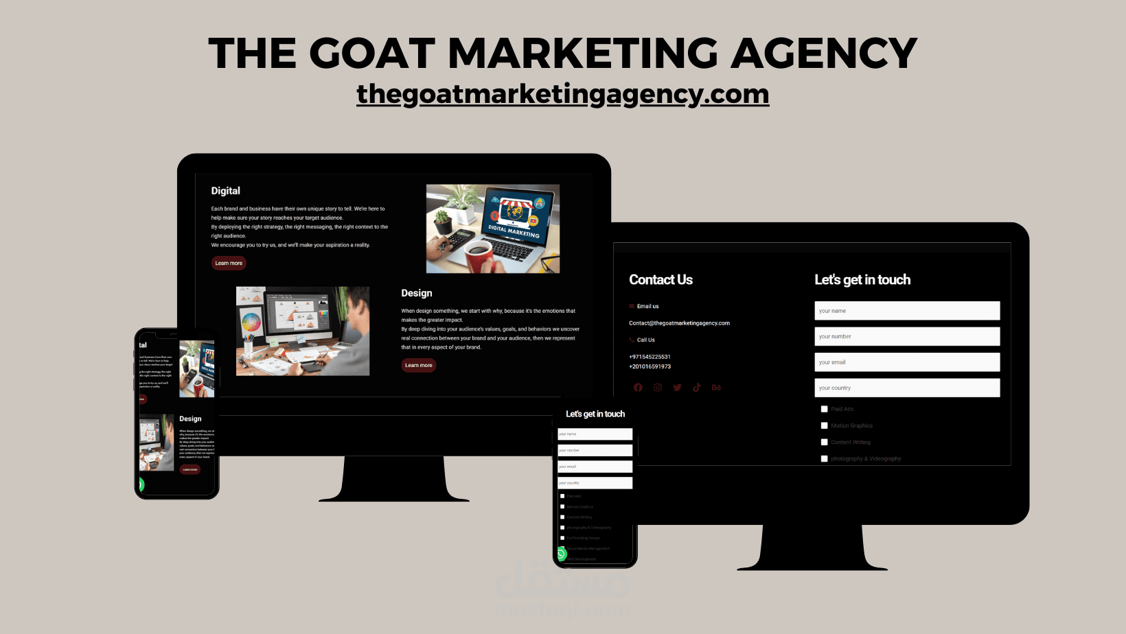 تصميم وتطوير موقع إلكتروني متكامل لوكالة تسويق رقمي (The GOAT Marketing Agency)