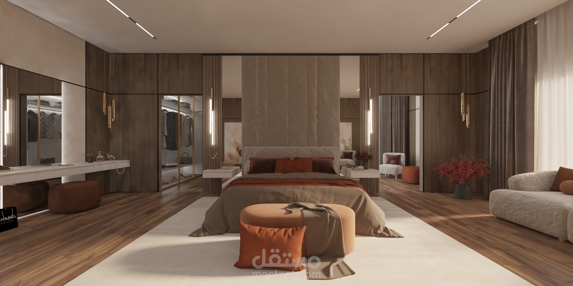 تصميم غرفة نوم رئيسية فاخرة بطابع دافئ ومعاصر