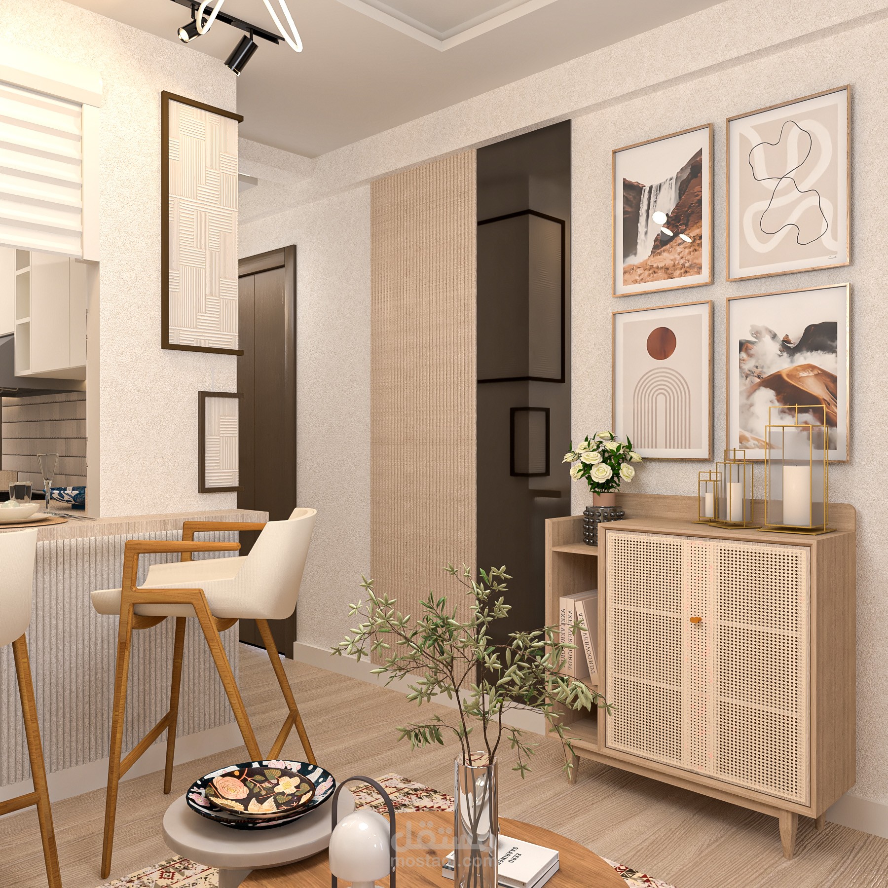تصميم داخلي مميز لمطبخ وريسيبشن في شقة صغيرة على طراز ال Boho style