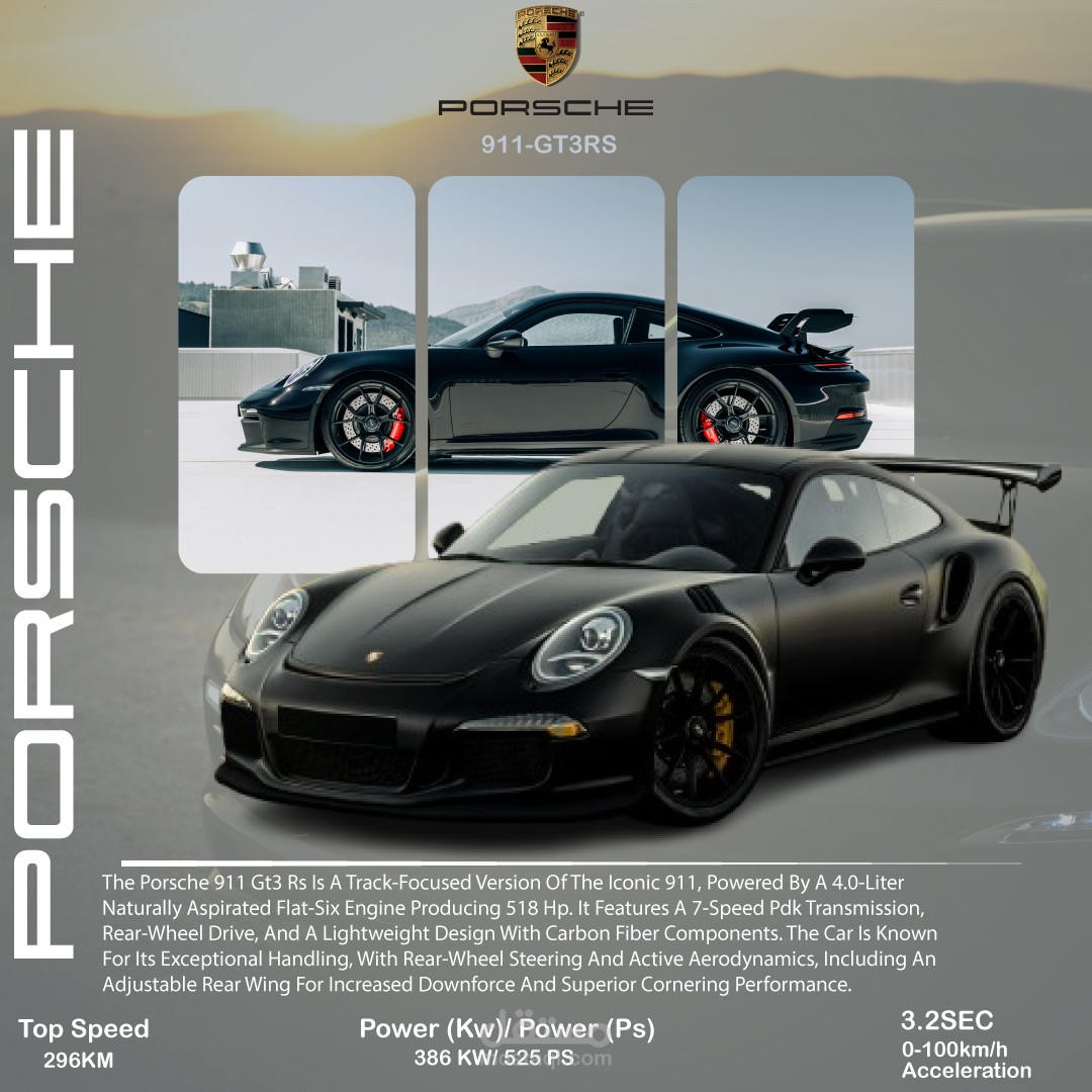 فكرة المشروع  تصميم بوستر إعلاني خاص بسيارة Porsche 911 GT3 RS، يجمع ما بين الجمالية البصرية والدقة التقنية، بهدف إبراز قوة السيارة وفخامتها بطريقة عصرية ومؤثرة