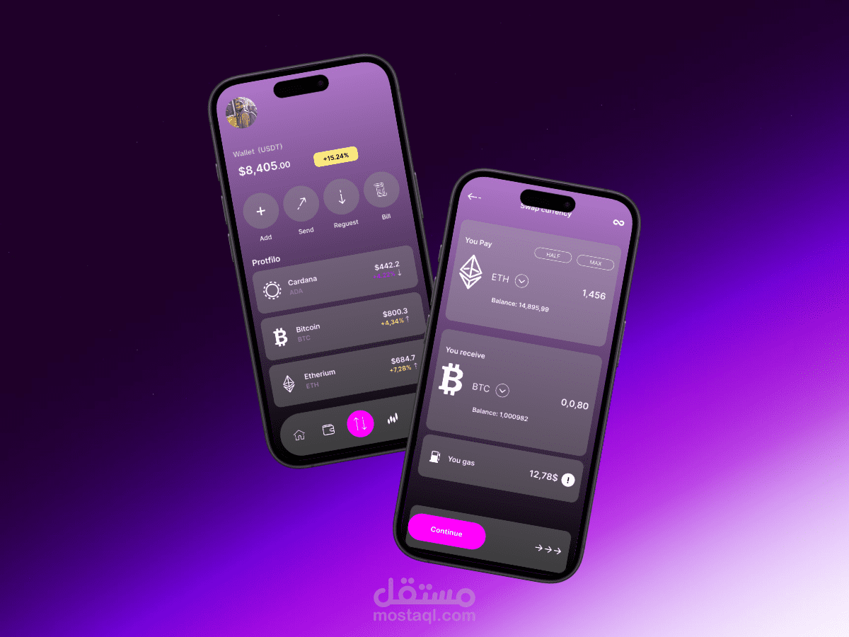 واجهة تطبيق محفظة للعملات الرقمية