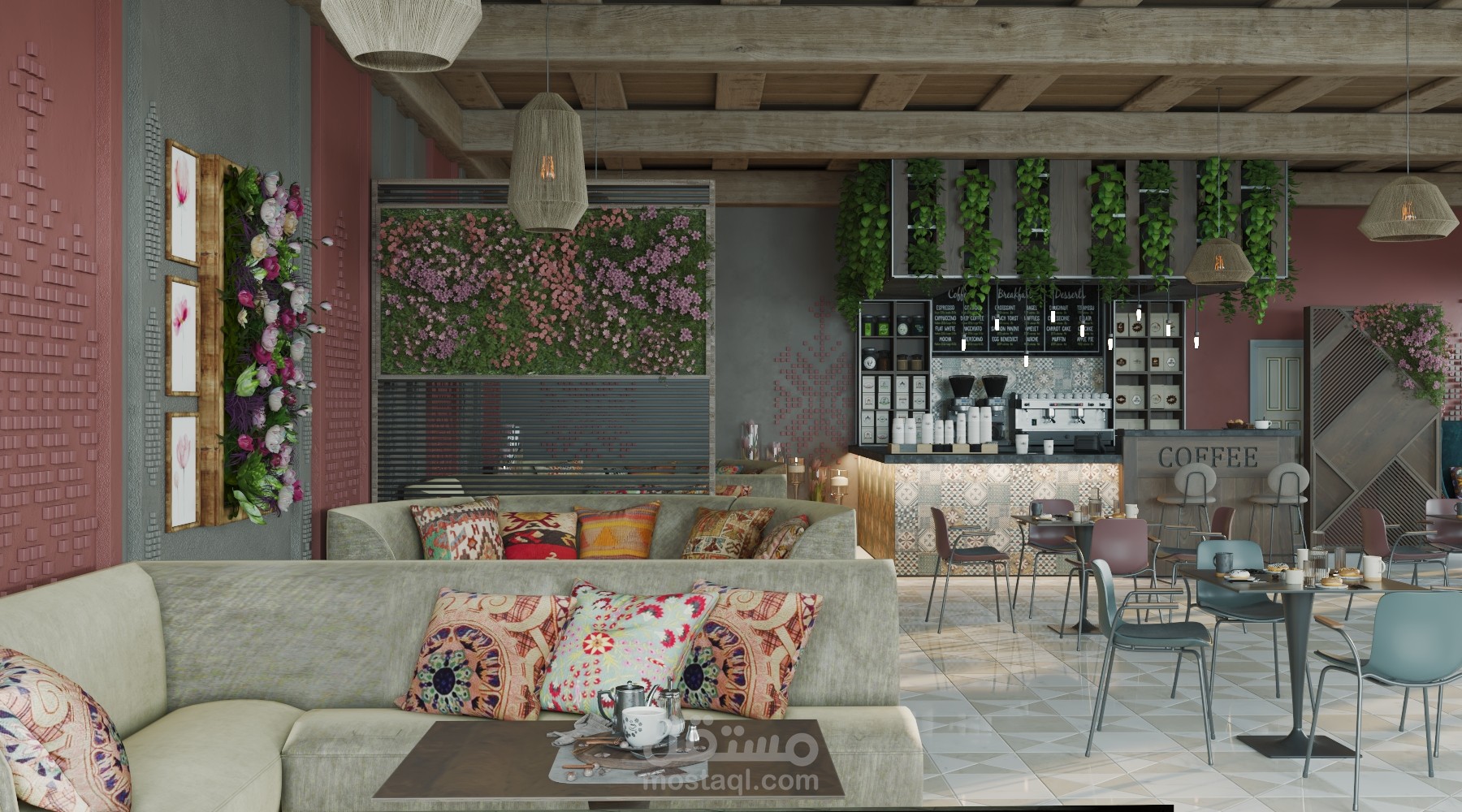 تصميم cafe بأسلوب boho-chic