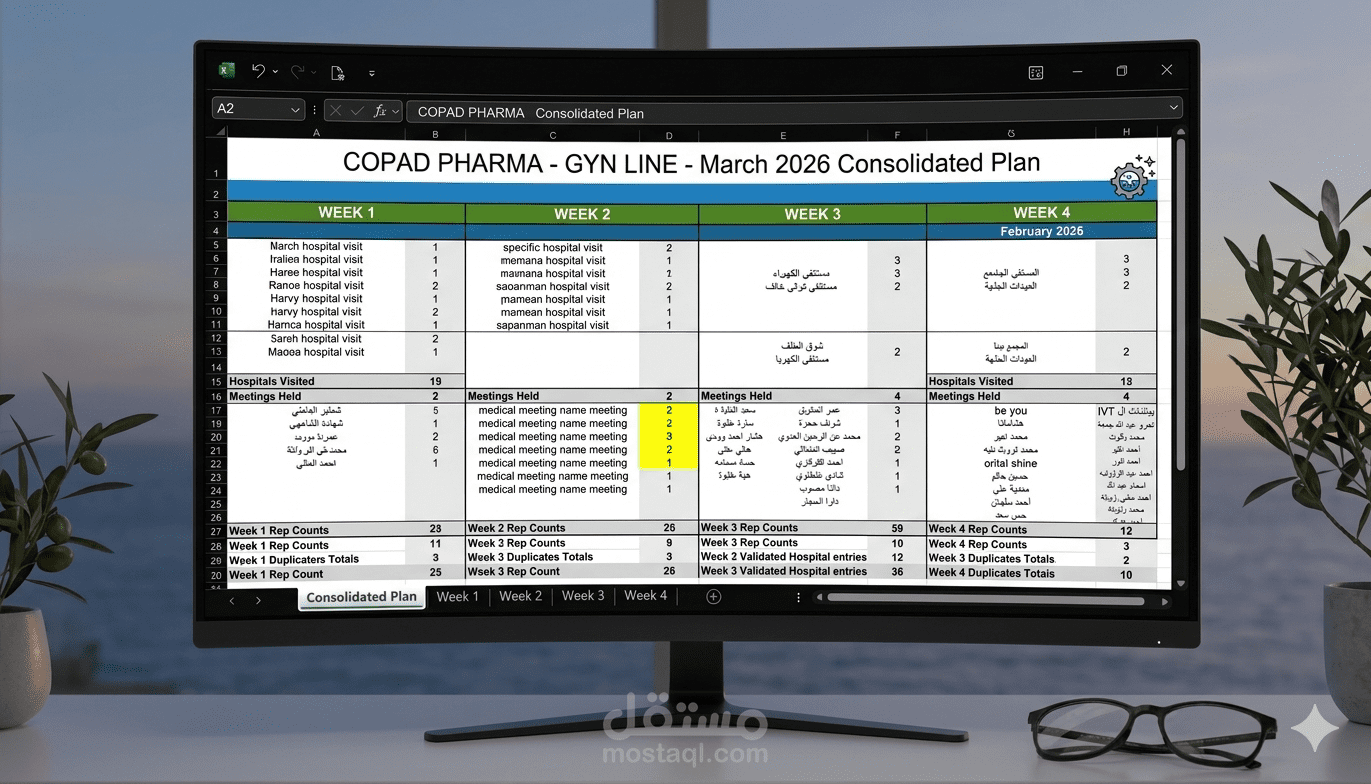 تصميم نظام إدارة خطط العمل والزيارات وجدولة المواعيد (Medical Rep Planner) على Excel