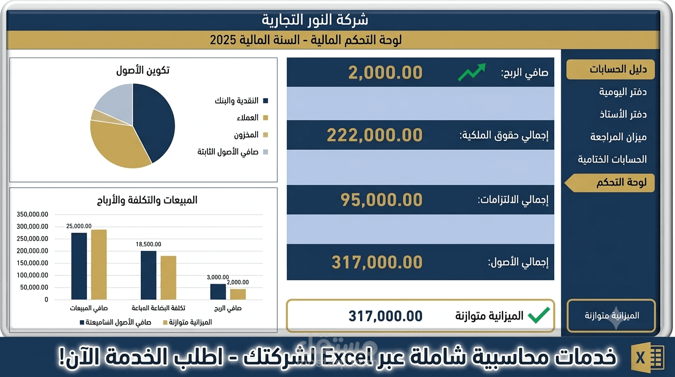 تطوير نظام محاسبي متكامل ولوحة تحكم مالية (Dashboard) عبر برنامج Excel