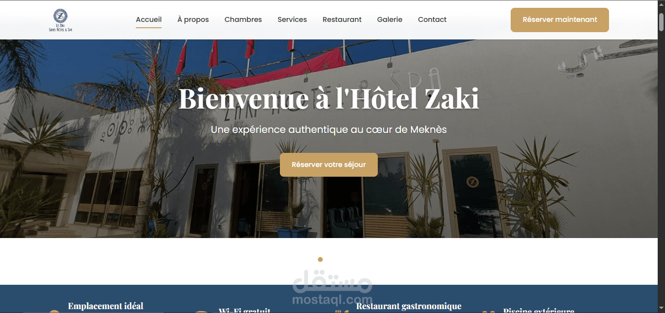 تصميم موقع إلكتروني احترافي لفندق زكي بمكناس باستعمال HTML, CSS, JavaScript و Bootstrap
