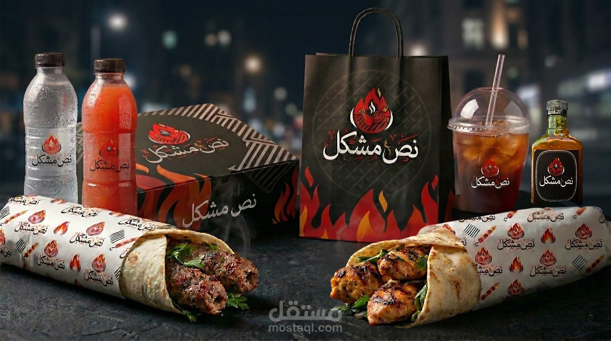 هوية لمطعم مشويات نص مشكل من تصميم اللوجو الخاص و الهوية البصرية للمطعم