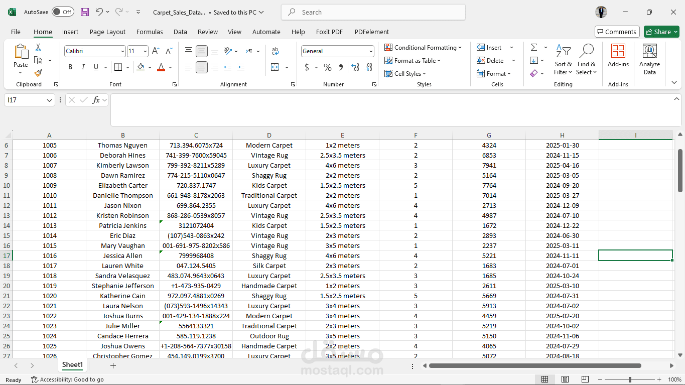 Professional Data Entry of 100 Carpet Sales Records into Organized Excel Sheet