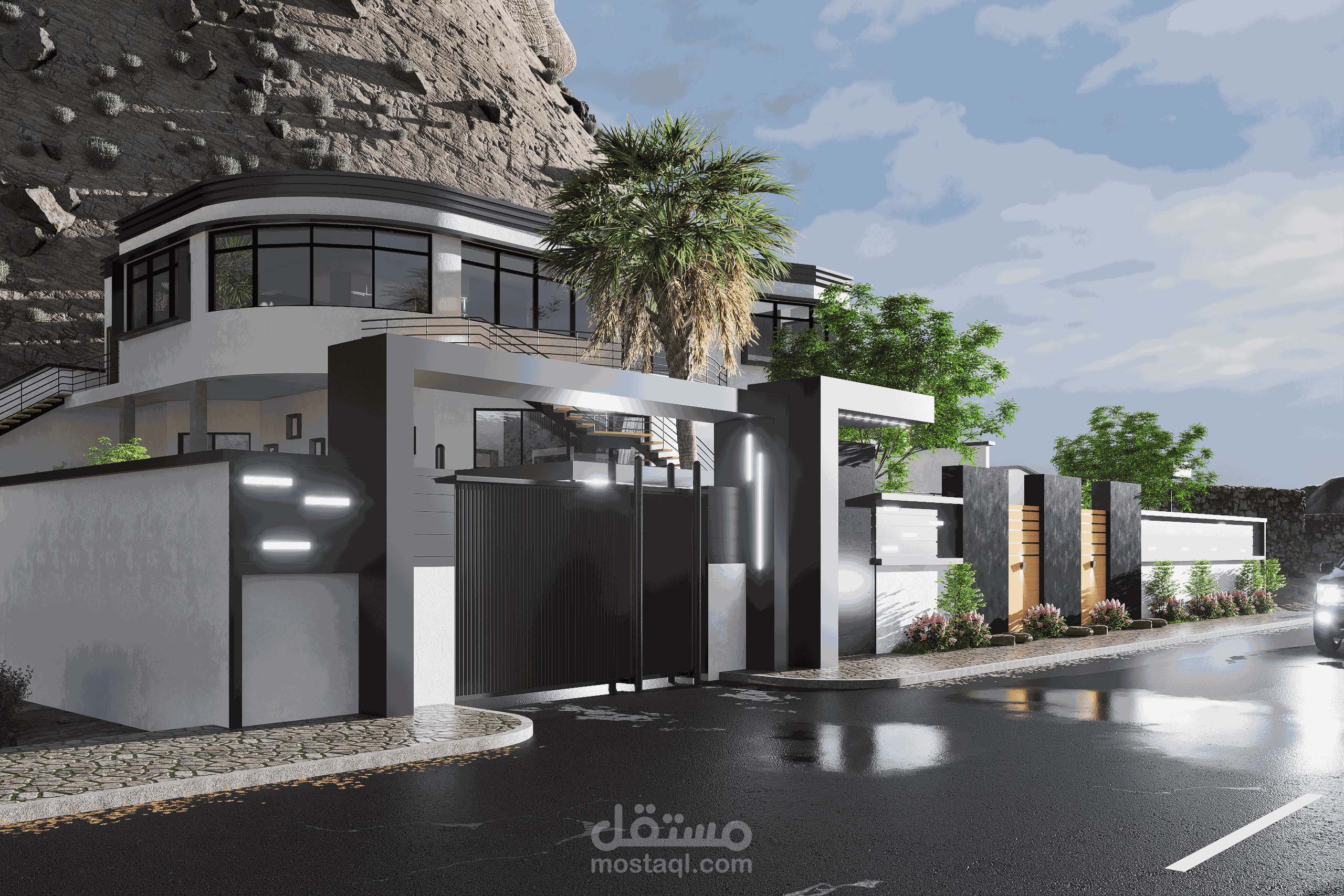 تصميم معماري و داخلي لفيلا في منحدر