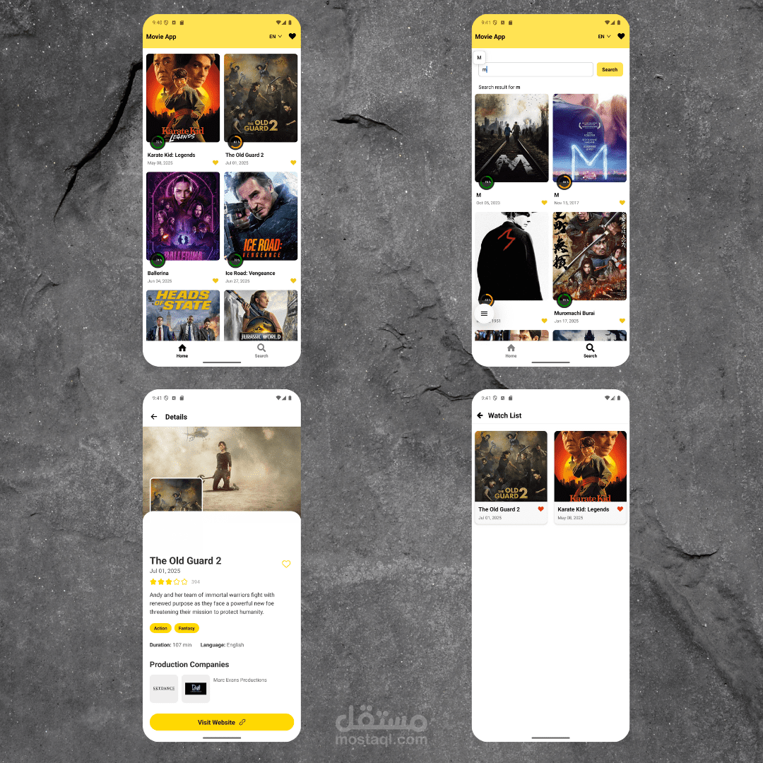 تطبيق موبايل متخصص في عرض الأفلام، تم تطويره باستخدام React Native ليعمل بسلاسة على أجهزة Android وiOS